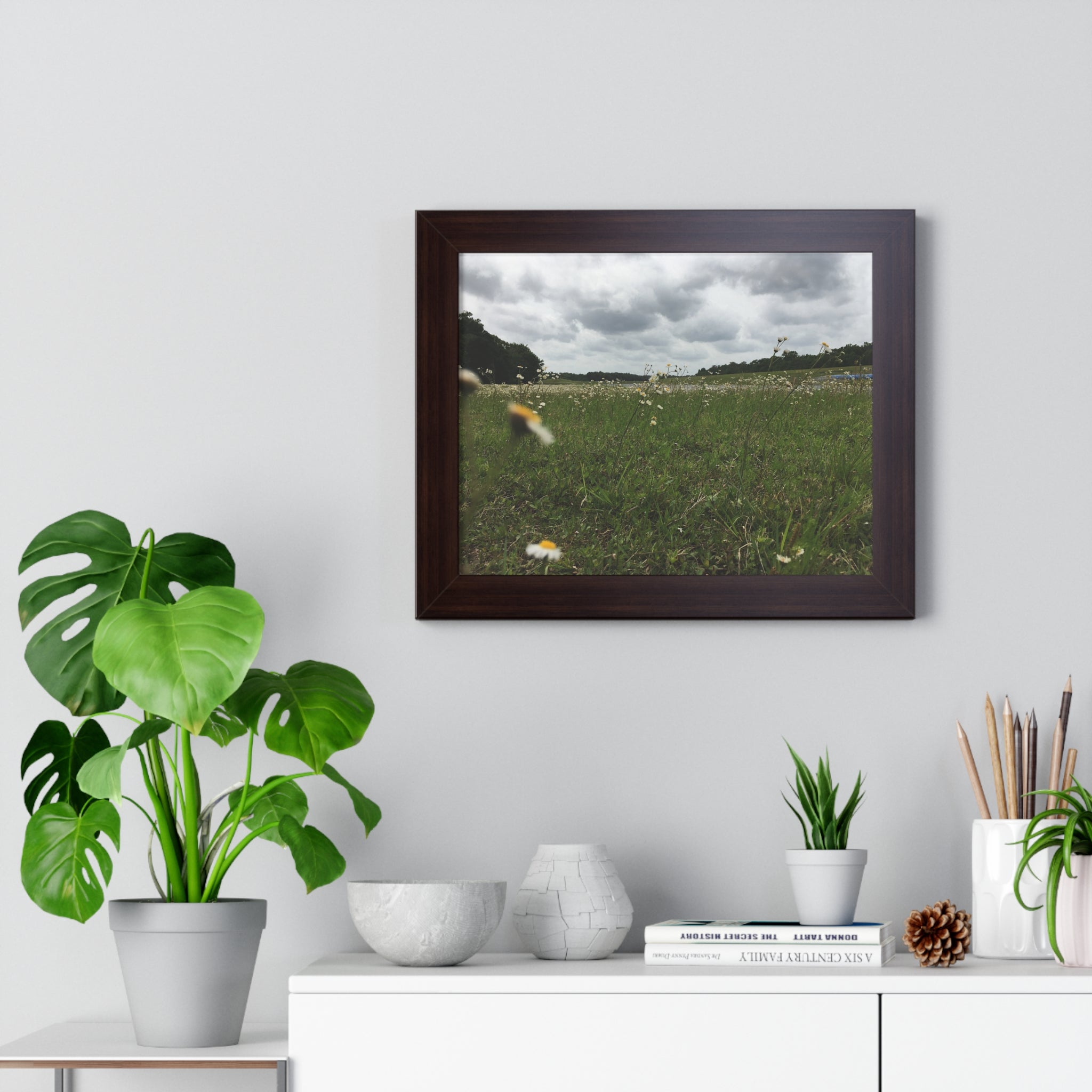 Daisy Meadow Landscape Framed Poster — Horizontal Wall Art