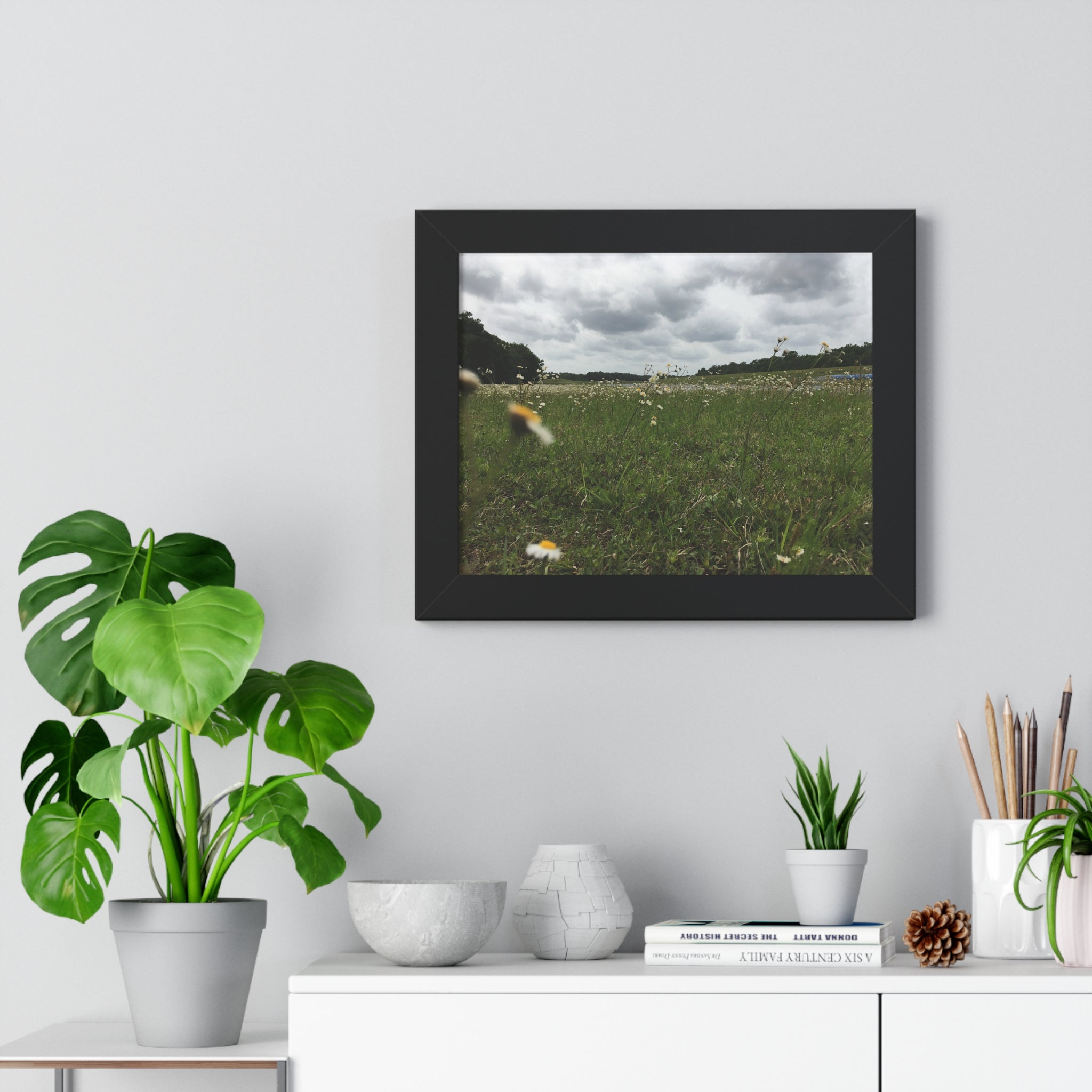 Daisy Meadow Landscape Framed Poster — Horizontal Wall Art